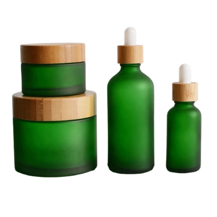Green Frosted Round 30g 50g 150g Glass Cream Jar With Bamboo Lid 5ml 10ml 30ml 50ml 100ml Dropper Bottle Cosmetic Container