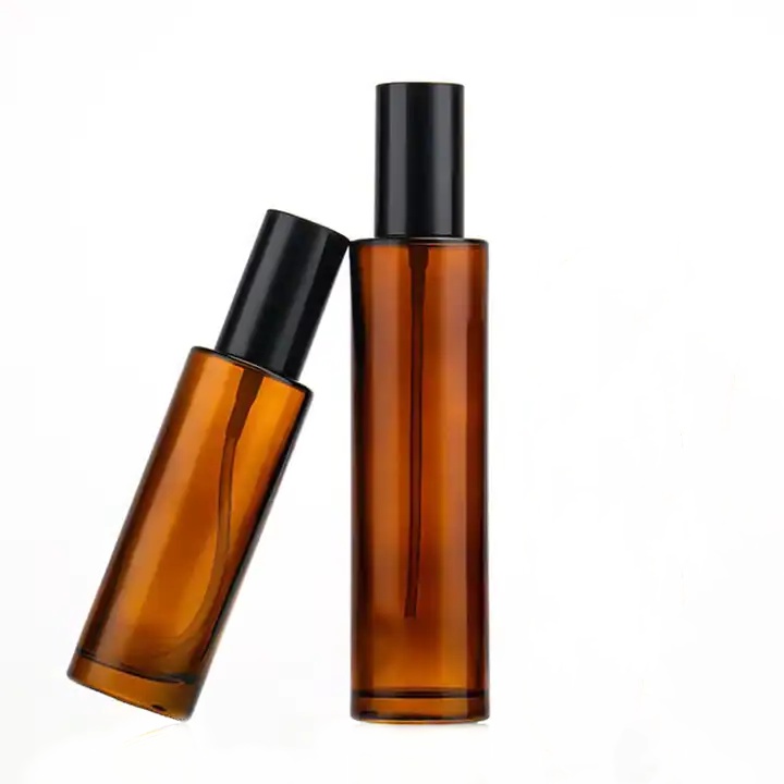 Hot Sale Amber Glass Pump Bottles With Flat Shoulder 30ml 50ml 80ml 100ml Refillable Serum Essential Oil Perfume Lotion Bottle