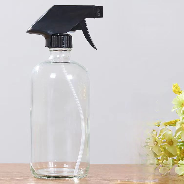 250ml 500ml 16oz Empty Boston Round Clear Amber Room Glass Spray Bottle With Trigger Sprayer and Silicone Sleeve for Cleaning