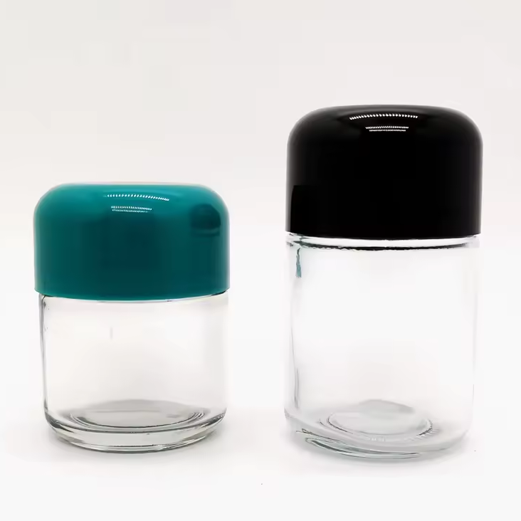 Wholesale Child Resistant Herb Flower Container 5ml 30 ml  70ml 110 ml  clear Smell Proof Glass Jars With Wooden Grain ABS Cap