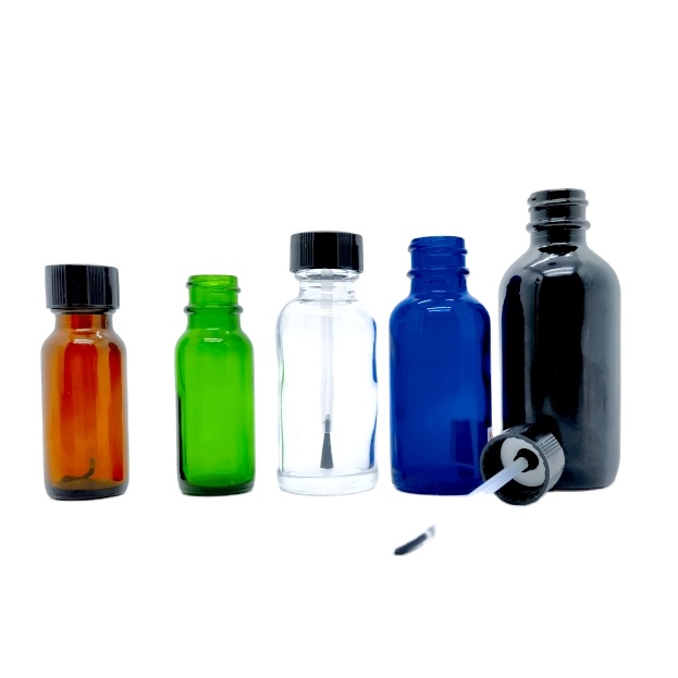 1/2oz 1oz 2oz 4oz Clear Glass Boston Round Bottles With Black Phenolic PE Lined Brush Caps