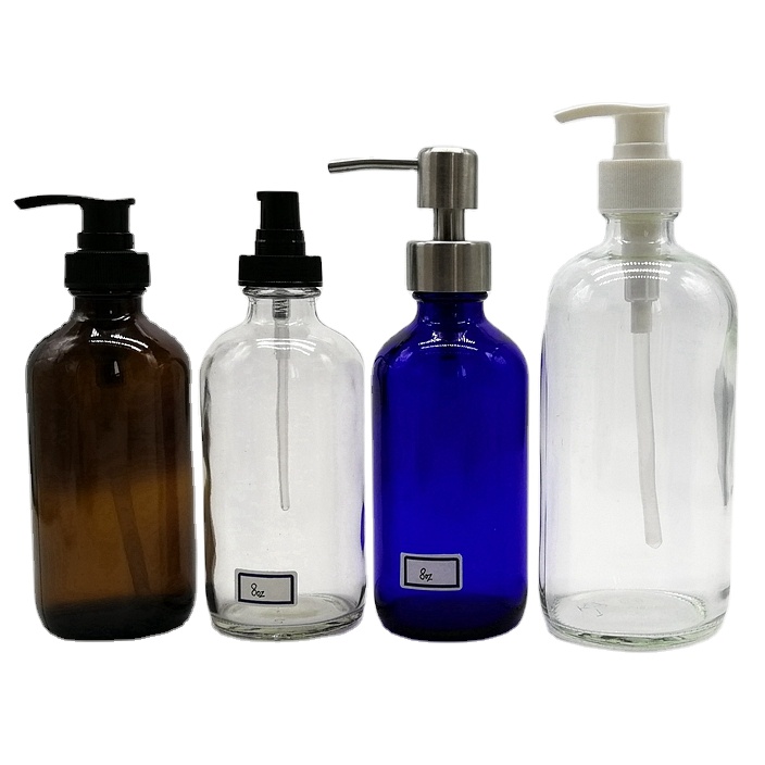 250ml 500ml 750ml Custom Color Blue Boston Round clear Glass Shampoo Bottles With Aluminum Cap Matte Surface Handling Empty
