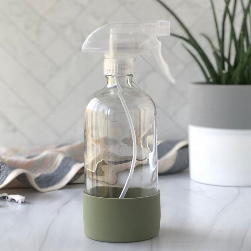 500ml 16oz Empty Boston Round Clear Amber Room Glass Spray Bottle With Trigger Sprayer and Silicone Sleeve for Cleaning