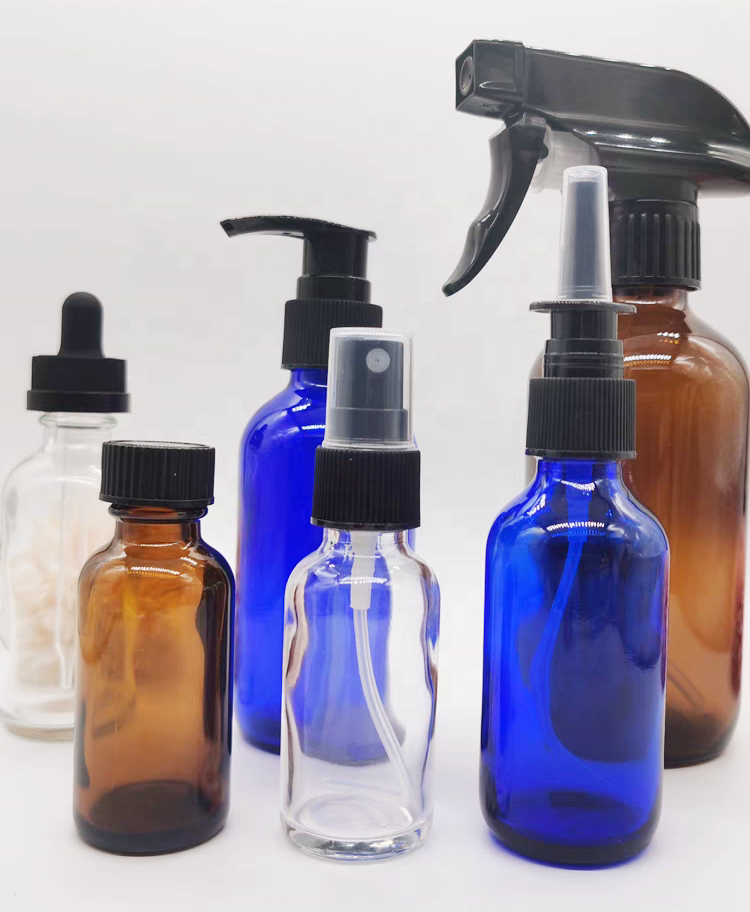 Wholesale Empty Amber Blue Clear Boston Round1oz 2oz 4oz 8oz Refillable Brown Glass Bottle With Pump