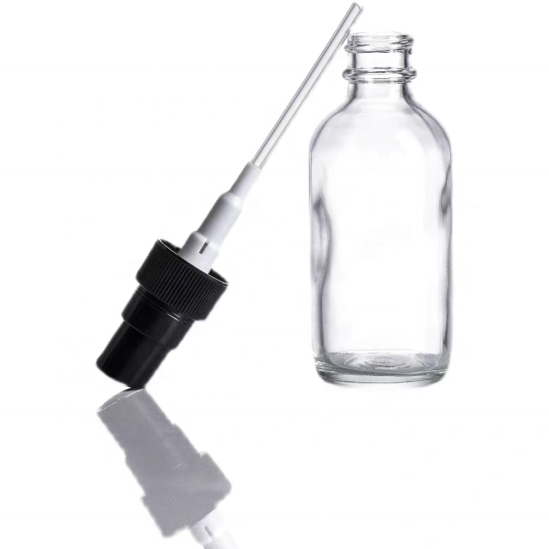 Boston Bottle 60ml Glass Clear Cosmetics Empty Essential Oil Face Serum Glass Dropper Bottles With Spray Cap