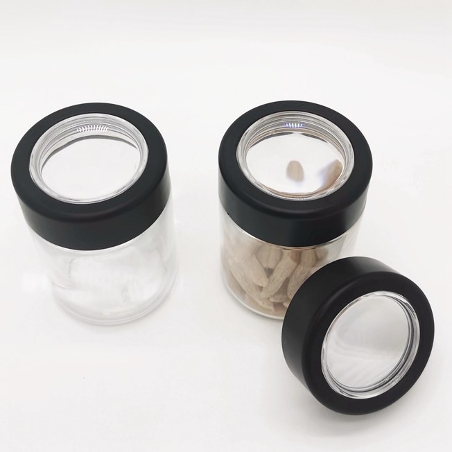 Recyclable 2oz 3oz 4oz Child Resistant Glass Container clear Magnifying Smell Proof Glass Jar With Magnifying Lid