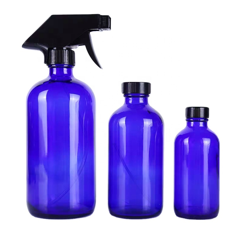 New Arrival Empty Cosmetic 1oz 2oz Cobalt Blue Glass Dropper Bottle Essential Oil Boston Round Dropper Bottle