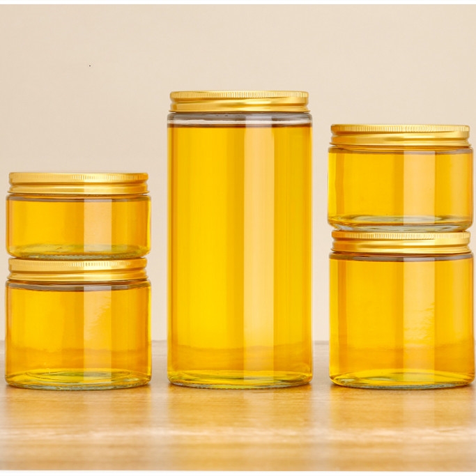 Wholesale Food Container Clear Glass Honey Storage Jar With Silver Gold Screw Metal Cap 250ml 500ml Straight Sided Glass Jars