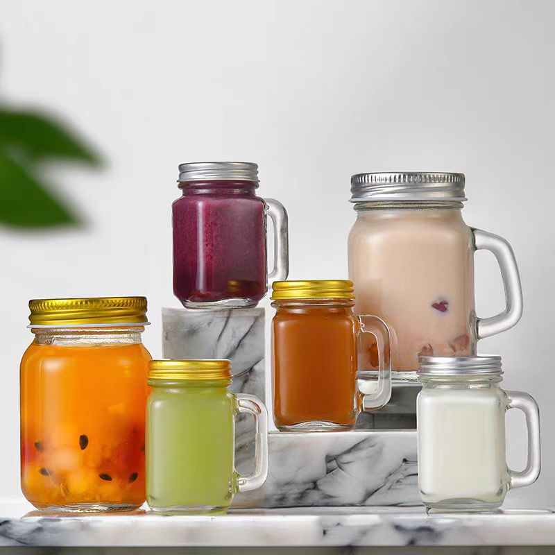Custom Logo Mason Cup 480ml Glass Wide Mouth Mason Jar With Handles Stainless Steel Straws and Lids