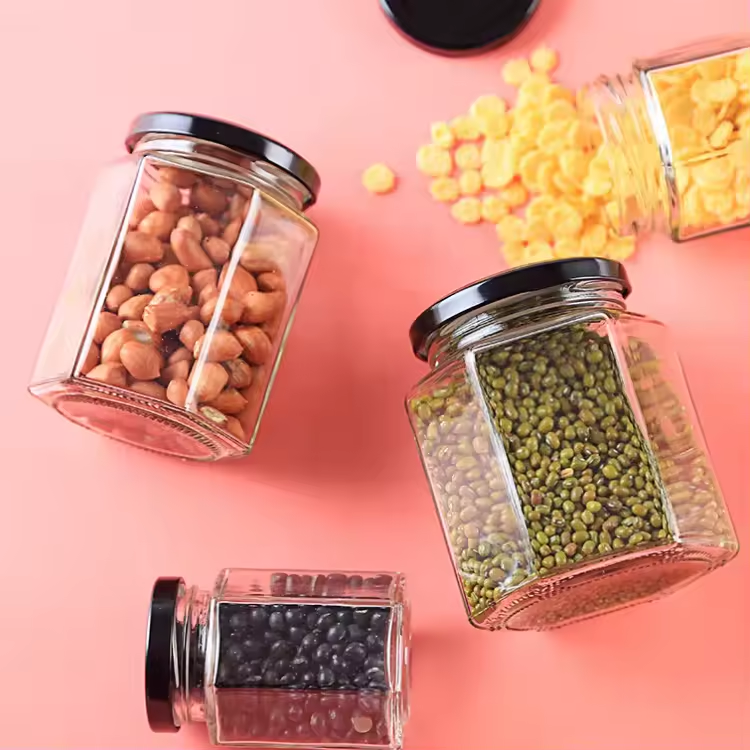 Hexagon Glass Jars With Gold Lids Plastisol Lined for Jam Honey Baby Food Diy Magnetic Spice Jars Crafts Canning Jars