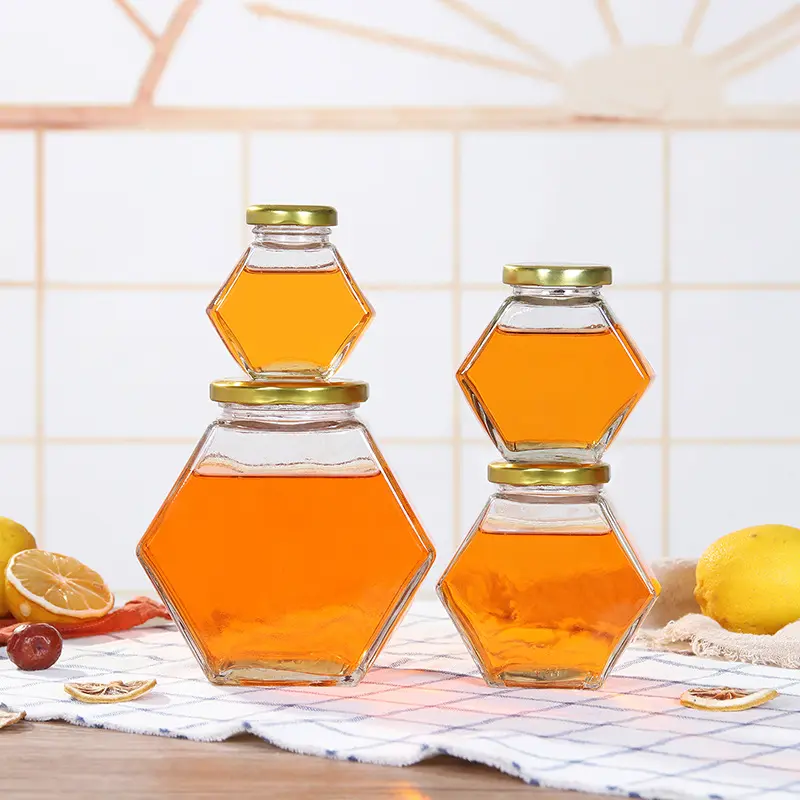 250g 220ml 380ml Hexagonal Glass Honey Jar Glass Food Storage Bottle Jam Jar With Wooden/metal  Lid for Home Kitchen