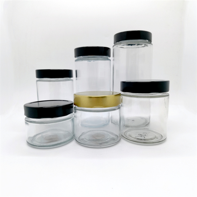 Eco Friendly 70ml 100ml 150ml 250ml 300ml 500ml Honey Spice Pudding Jar Round Glass Food Storage Jar With Black Metal Screw Lid