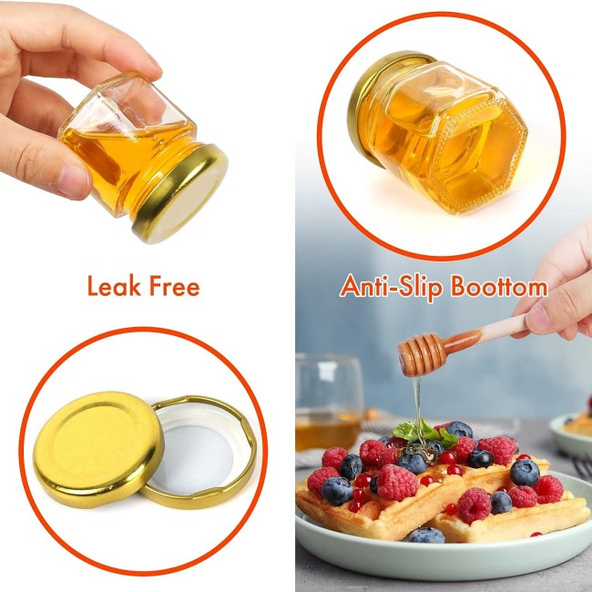 Mini 1.5 oz Hexagon Glass Mason Jars Golden Lids Wooden Dipper Decorative Wedding Party Favors Honey Storage Screw Cap Carton