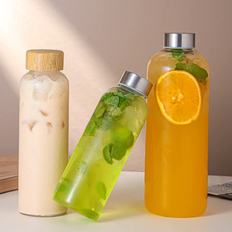Free Sample 350ml 500ml 16oz 700ml 1l Transparent High Borosilicate Glass Water Bottle With Bamboo Lid