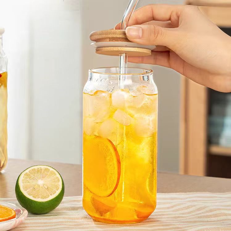 Glass Cups With Bamboo Lids and Glass Straws 16 oz Drinking Glasses Can Shaped Glass Cawa Iced Coffee Suction Cup