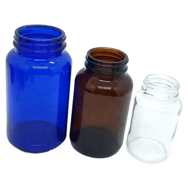 Wholesale 150ml 200ml Wide Mouth Amber Glass Bottle for Pharmaceutical Use Glossy Blue Screw Cap Hot Sale Capsule Jar Low Price