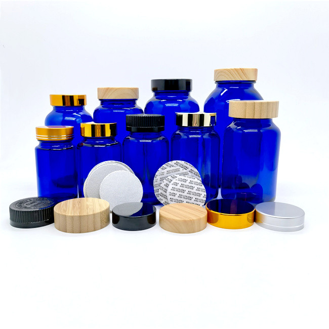 Empty 60ml 75ml 100ml 120ml 150ml 200ml 250ml Amber Packer Capsule Pill Glass Bottle With Anodized Aluminum Lids for Medicine