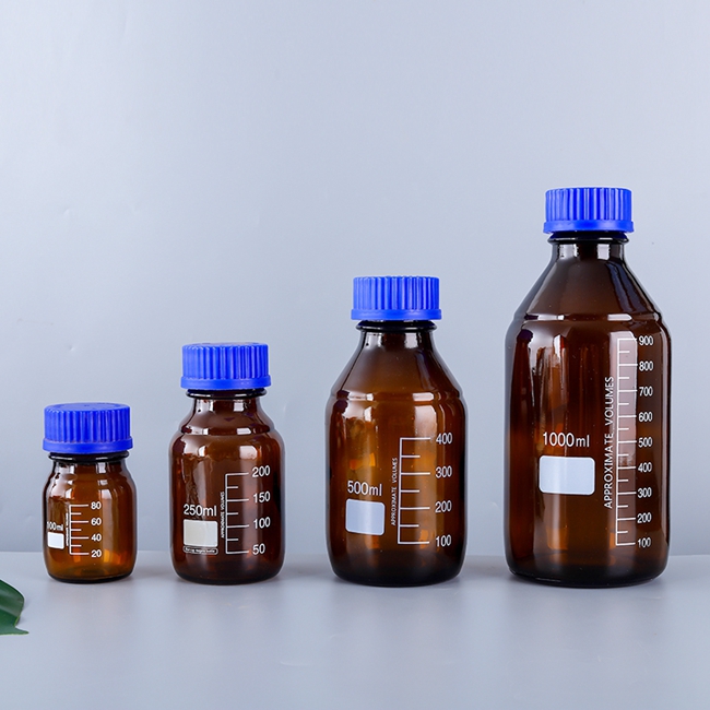 Manufacturer's 250ml Laboratory Reagent Bottle With Round Bottom GL45 Blue Screw Cap Pill Storage Custom Logo Screen Printing