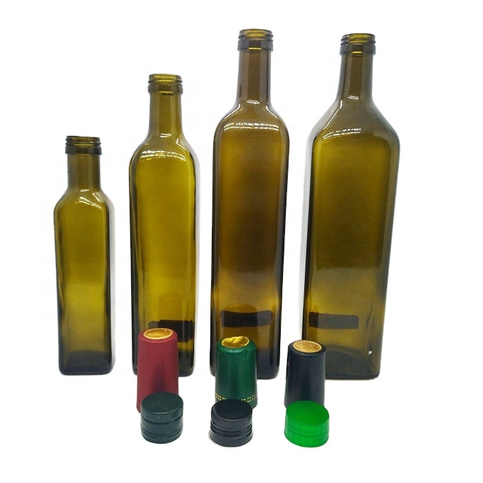 Popular Custom 250ml 500ml 750ml Dark Green Glass Cooking Olive Oil Empty Bottles with Seal Plastic Lids