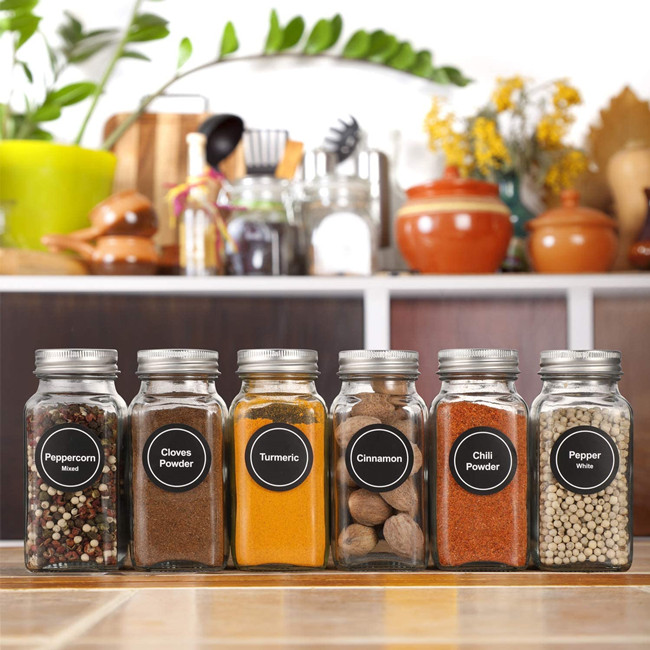 24 Pcs Glass Spice Jars With Spice Labels 4oz Empty Square Spice Bottles With Shaker Lids and Airtight Metal Caps