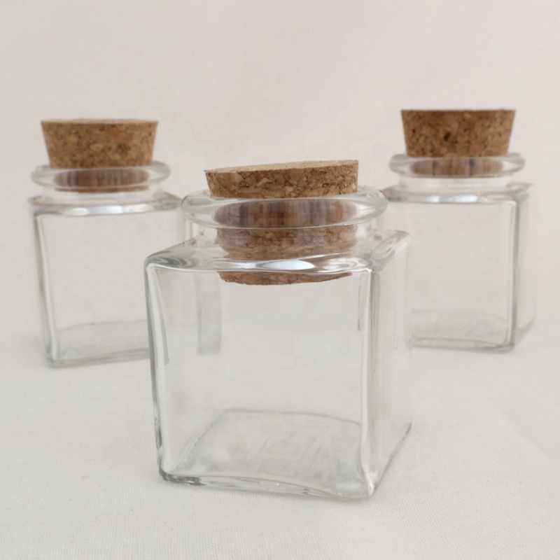 Small clear Glass square Jars with Cork Set of  90 ml with Cork  3oz Tiny Square Glass Jars