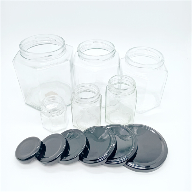1.5oz 2oz 45ml 60ml Hexagonal Honey Storage Glass Spcie Jar With Metal Lids