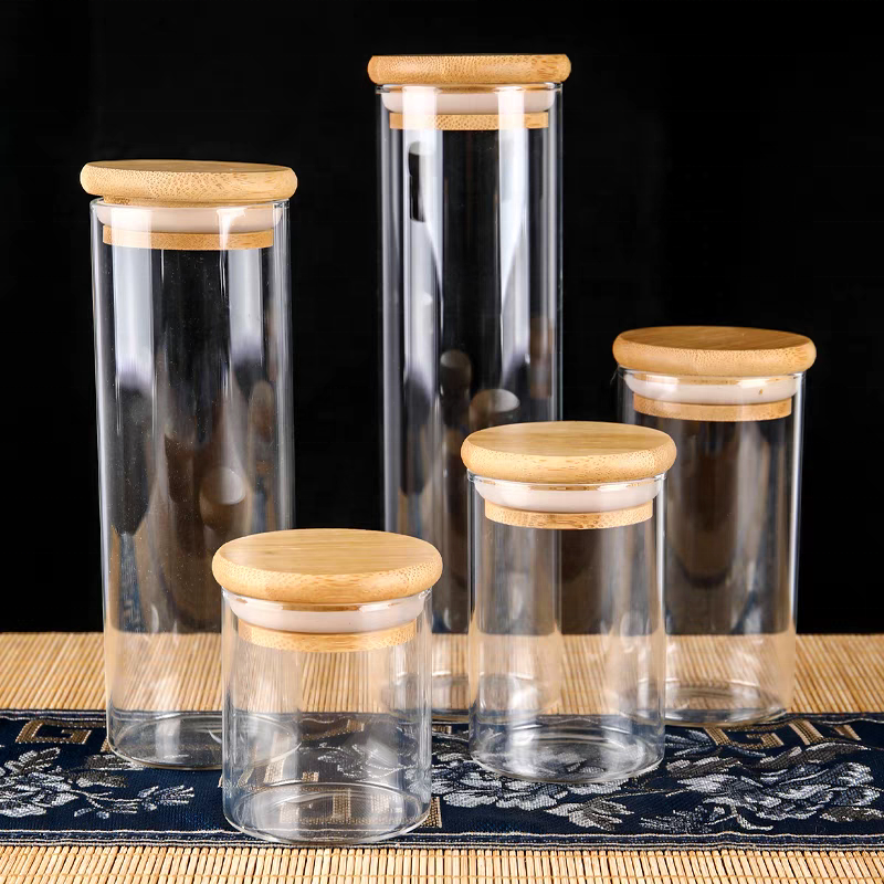 High Borosilicate Glass Tube Jar Round clear Airtight Glass Food Storage & Container With Narual Wooden Lid