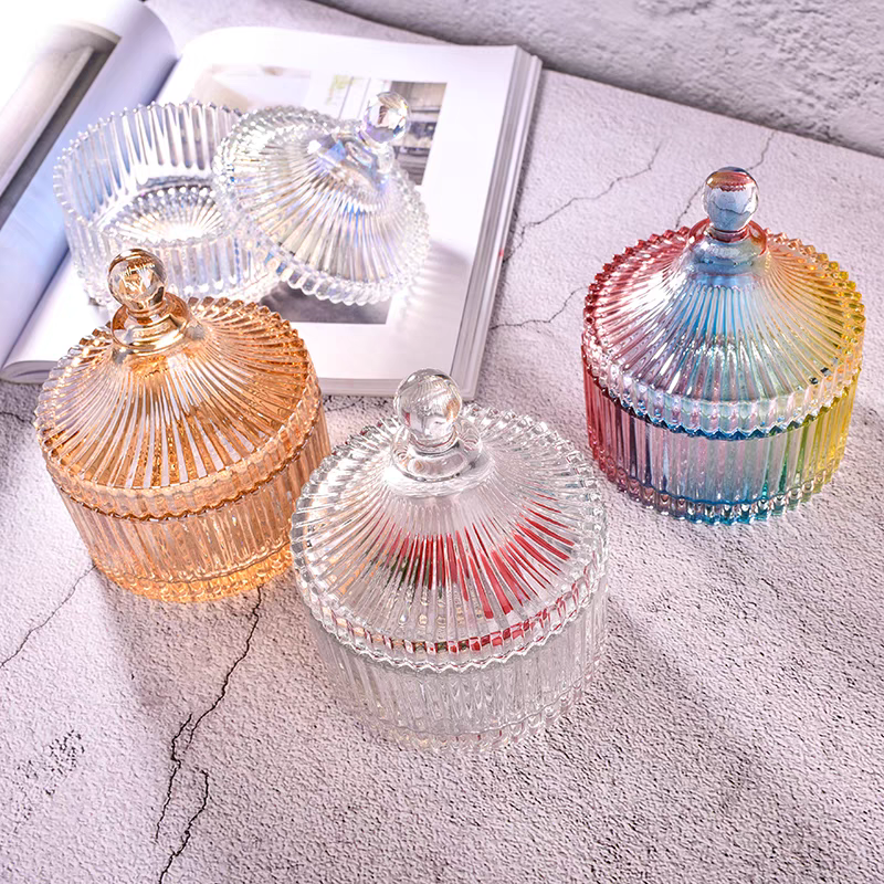 8oz 16oz Empty Custom Luxury Recyclable Ribbed Glass Candle Jar With Glass Lid
