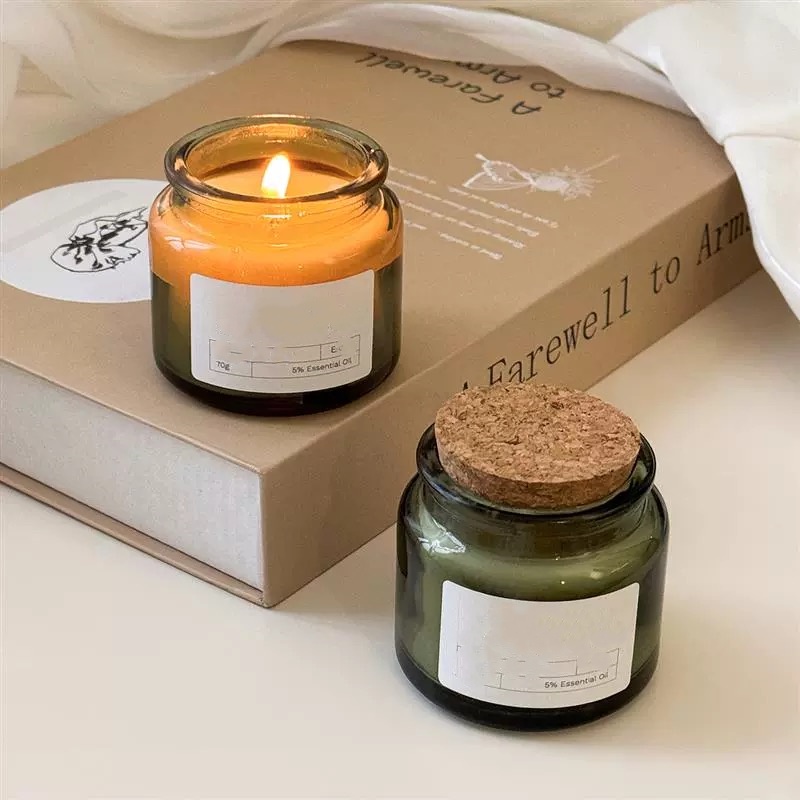 Wholesale Small Amber Green Empty Candle Container 100ml 200ml Glass Candle Jar With Cork Lid