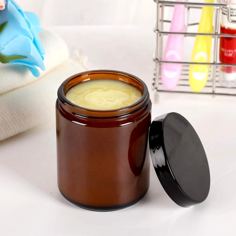 8oz 9 Oz Amber Glass Straight-sided Round Jar With 70-400 Black Metal Lid