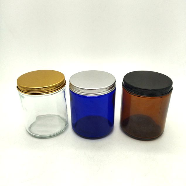 250g 4oz 8oz 16oz Amber Clear Luxury Empty Straight Sided Glass Candle Jar With Aluminum Metal Lids Factory Price
