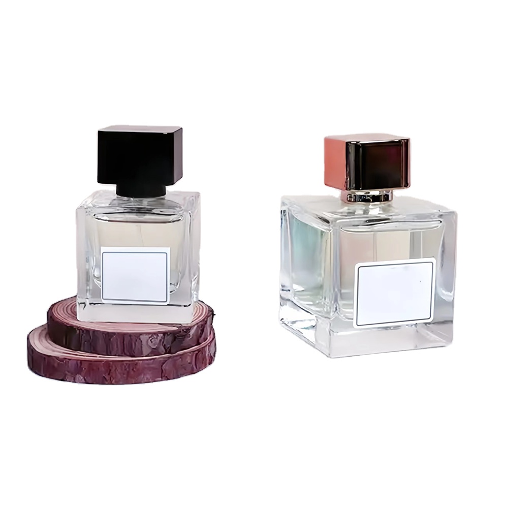 High Quality Square Clear Fragrance Glass Perfume Bottle 30ml 50ml Sizes Luxury Style With Screw Cap Roll Top Cream Packaging