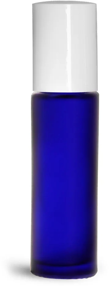 0.35 oz Recyclable Glass Roller Bottles Blue Frosted Glass Roll on Containers Metal Balls White Polypropylene Caps Cosmetics