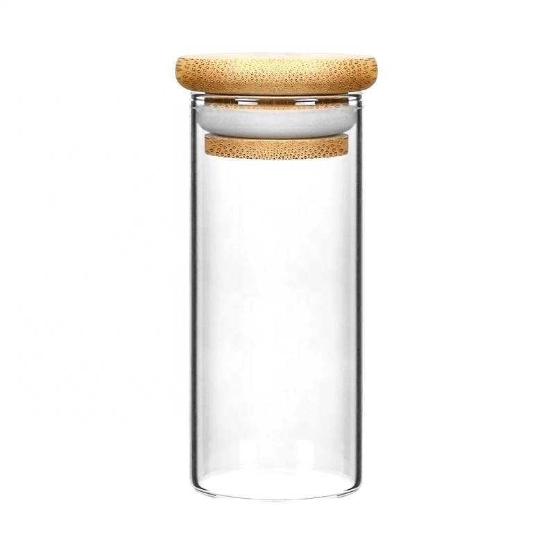 Factory Storage Child-Resistant Airtight Borosilicate Clear Glass Jars Bamboo Lid Stash Jars for Food Storage New Glass Bottles