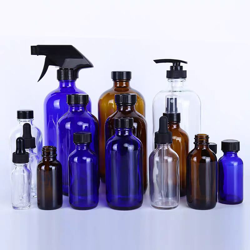 250ml 500ml 16oz Empty Boston Round Clear Amber Room Glass Spray Bottle With Trigger Sprayer and Silicone Sleeve for Cleaning
