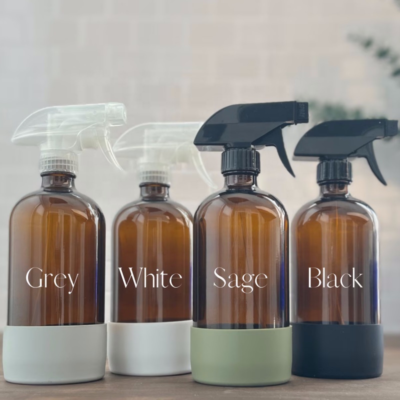 250ml 500ml 16oz Empty Boston Round Amber Room Glass Spray Bottle With Trigger Sprayer and Silicone Sleeve for Cleaning