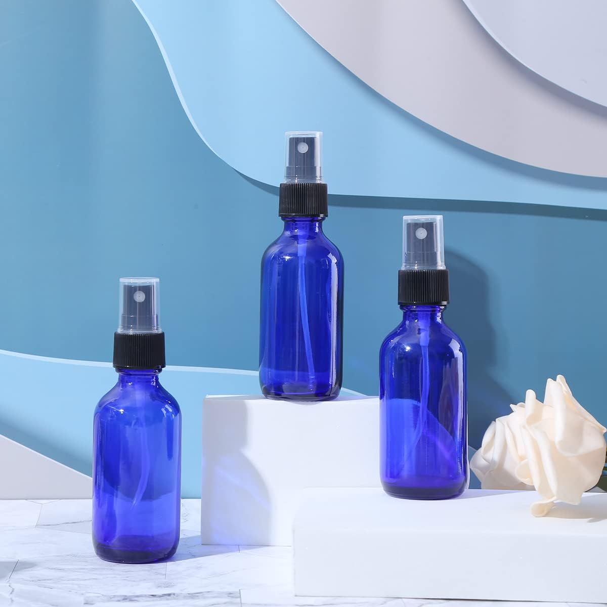 2 oz Empty Spray Bottle Cobalt Blue Boston Round Glass Bottle With White Atomizer for Essential Oil Formulas