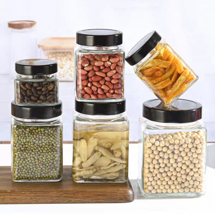 100ml 200ml 280ml 380ml 500ml 730ml Recycled Empty Square Honey Jar Glass Food Storage Packaging Glass Food Jars for Jam Honey