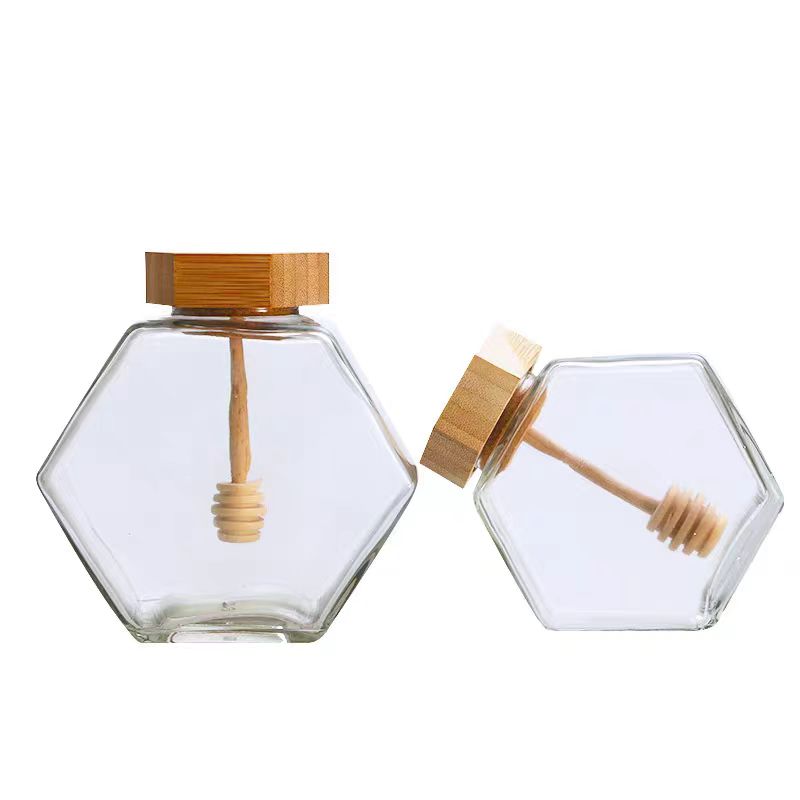Recyclable Direct Selling 100Ml 380Ml 730Ml Honey Jars Pickle Jarm Jelly Empty Hexagon Glass Honey Jar With Metal & Wooden Lid