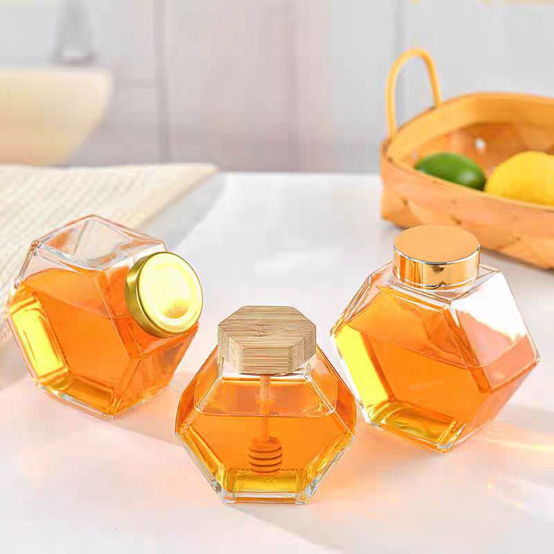 Recyclable Best Honey Bear Jar Glass Unique Honey Jar Packaging With Wooden Dipper Wholesale Hexagon Glass Jar for Honey