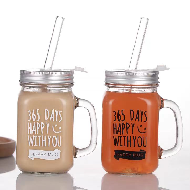 Custom Logo Mason Cup 480ml Glass Wide Mouth Mason Jar With Handles Stainless Steel Straws and Lids