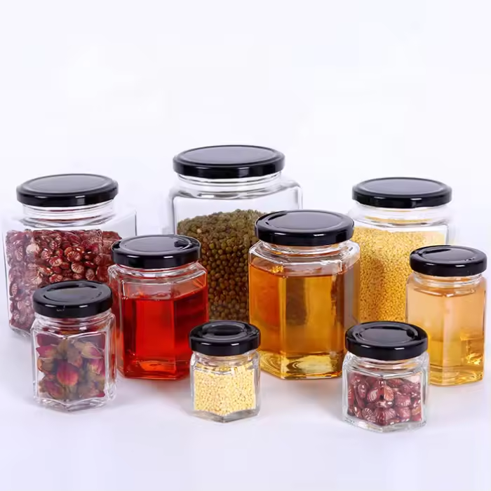 Hexagon Glass Jars With Gold Lids Plastisol Lined for Jam Honey Baby Food Diy Magnetic Spice Jars Crafts Canning Jars