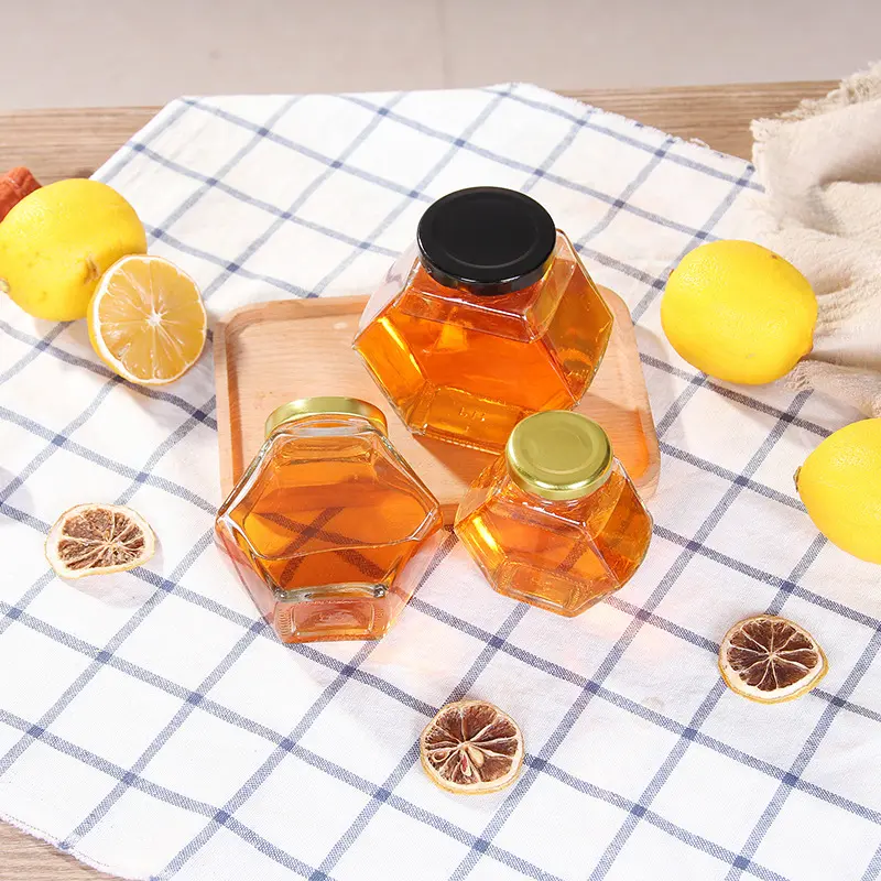 250g 220ml 380ml Hexagonal Glass Honey Jar Glass Food Storage Bottle Jam Jar With Wooden/metal  Lid for Home Kitchen