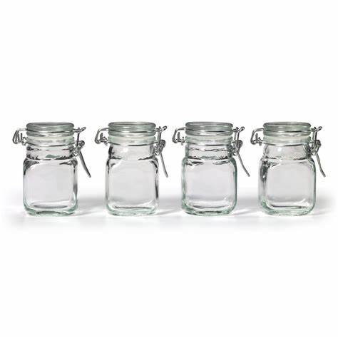 Square Glass Kitchen Storage Canister Jars 100 ml Clear Food Storage Jars With Clear Lid and Bail & Trigger Hermetic Seal
