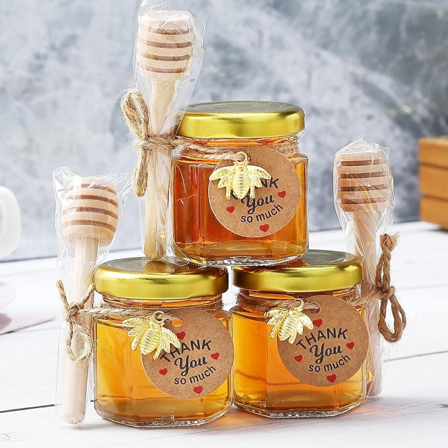 Mini 1.5 oz Hexagon Glass Mason Jars Golden Lids Wooden Dipper Decorative Wedding Party Favors Honey Storage Screw Cap Carton