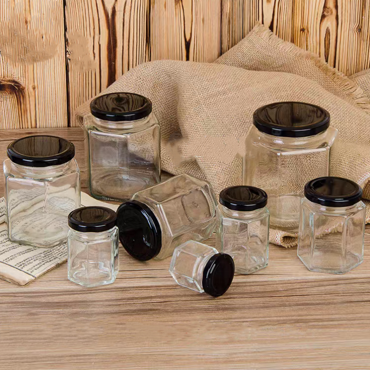 On Sale 100ml 180ml  280ml 500ml Empty Hexagonal  Honey Jar Glass Mason Jar Clear Glass Jars With Metal Lid