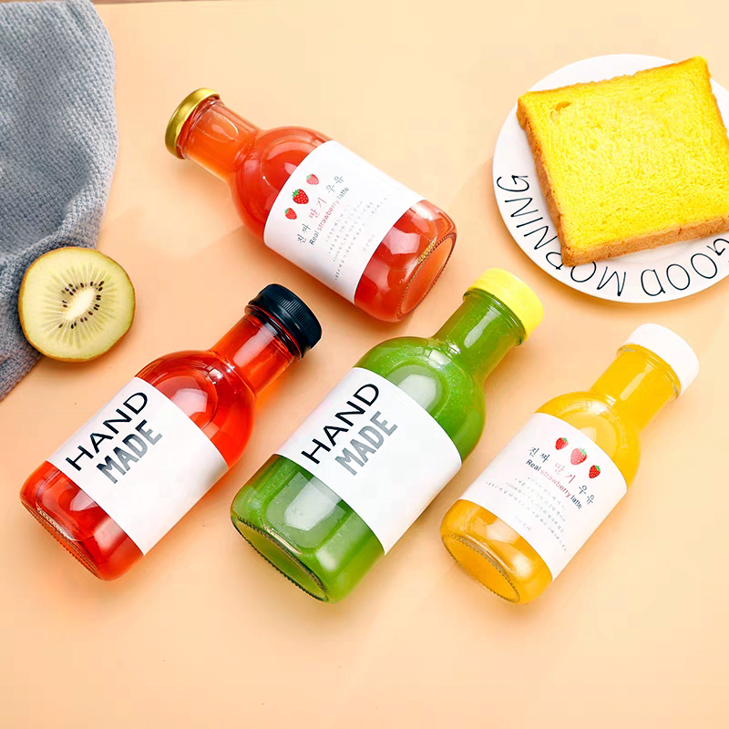 Empty 8oz 12oz 16oz Sauce Volume Transparent Flint Glass Bottle for Juice Beverage With Airtight Plastic Aluminum Cap
