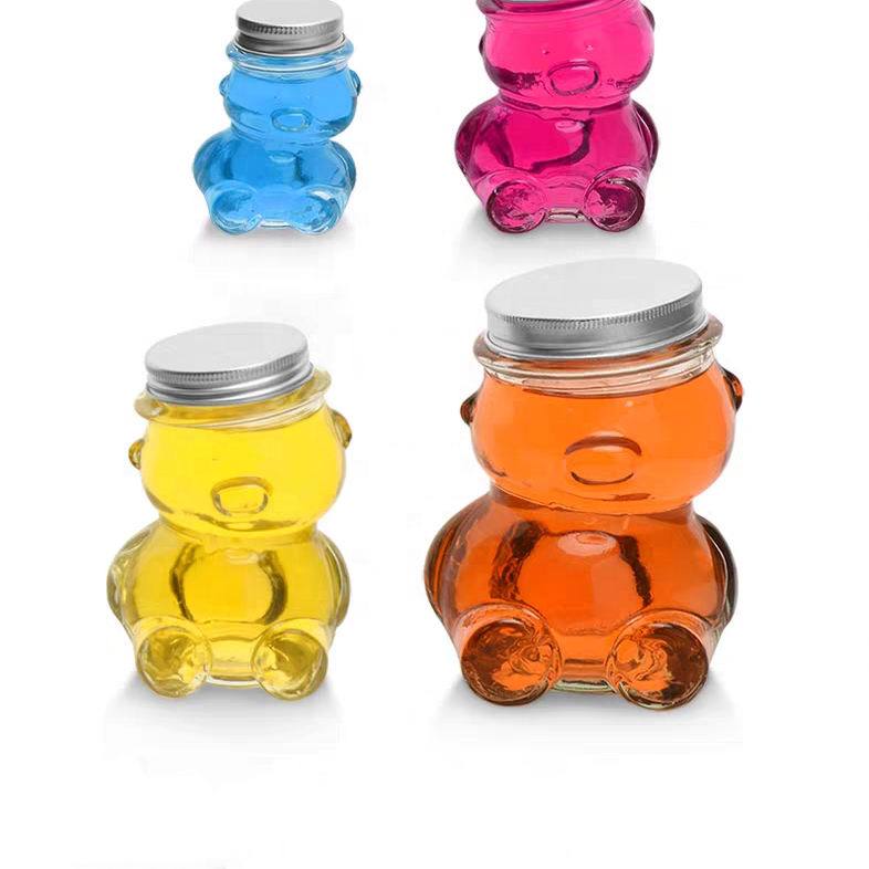 Wholesale Teddy Bear Shaped Glass Bottle Honey Bee Candy Sugar Chocolate Glass Jar With Metal Cap