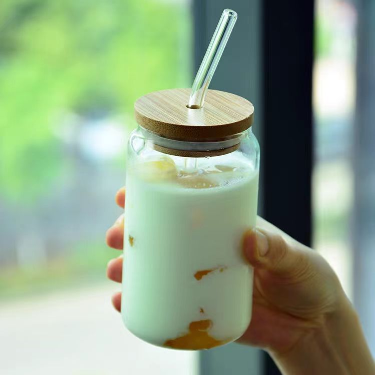 Glass Cups With Bamboo Lids and Glass Straws 16 oz Drinking Glasses Can Shaped Glass Cawa Iced Coffee Suction Cup