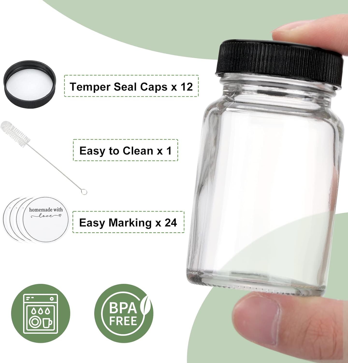 2 oz Glass Shot Bottles W/ White Lids - Small Clear Jar for Ginger, Wellness Shot, Juice, Sample, Whiskey - Travel Mini Bottles